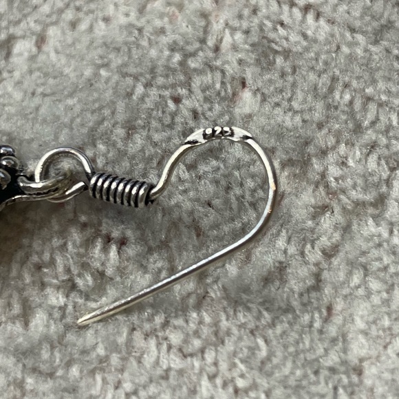 Sterling Silver antiqued bezel oval & round created turquoise drop earrings - Picture 4 of 4